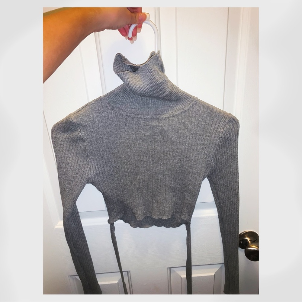 Heather Gray Turtle Neck Crop Top w/ Tie